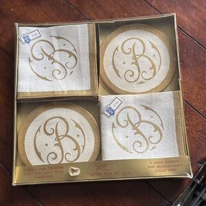 HC Original Elegant Gold B Monogram Coasters and Belgian Linen Napkin Set